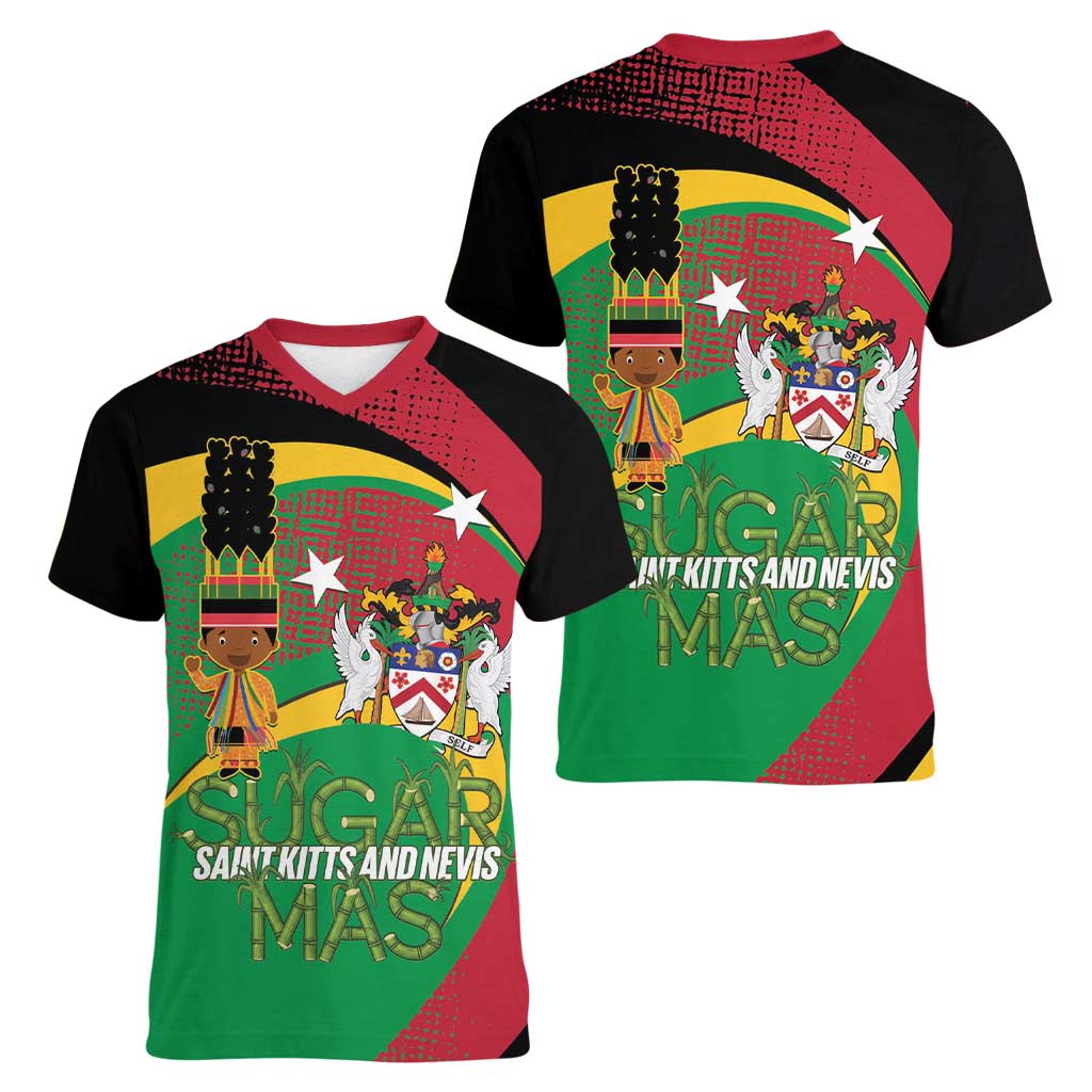 St Kitts and Nevis Sugar Mas Women V-Neck T-Shirt Caribbean Masquerade Flag Color - Wonder Print Shop