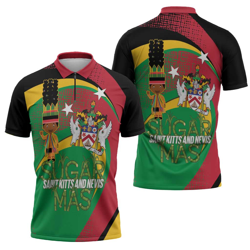 St Kitts and Nevis Sugar Mas Zipper Polo Shirt Caribbean Masquerade Flag Color - Wonder Print Shop