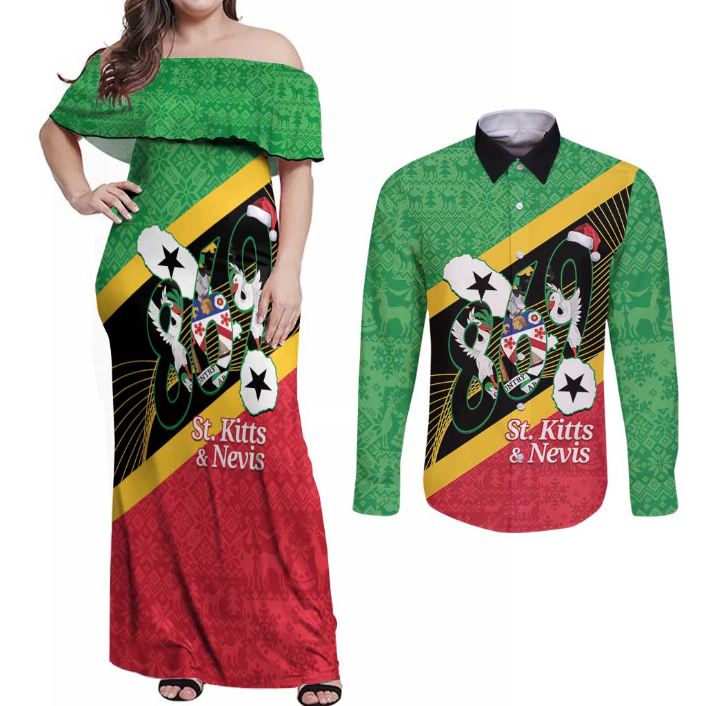 St Kitts and Nevis Christmas Couples Matching Off Shoulder Maxi Dress and Long Sleeve Button Shirt 869 Proud With Map - Wonder Print Shop