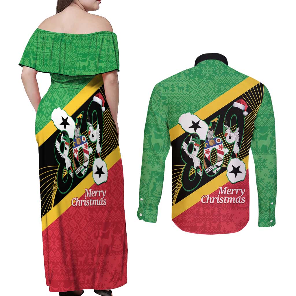 St Kitts and Nevis Christmas Couples Matching Off Shoulder Maxi Dress and Long Sleeve Button Shirt 869 Proud With Map - Wonder Print Shop
