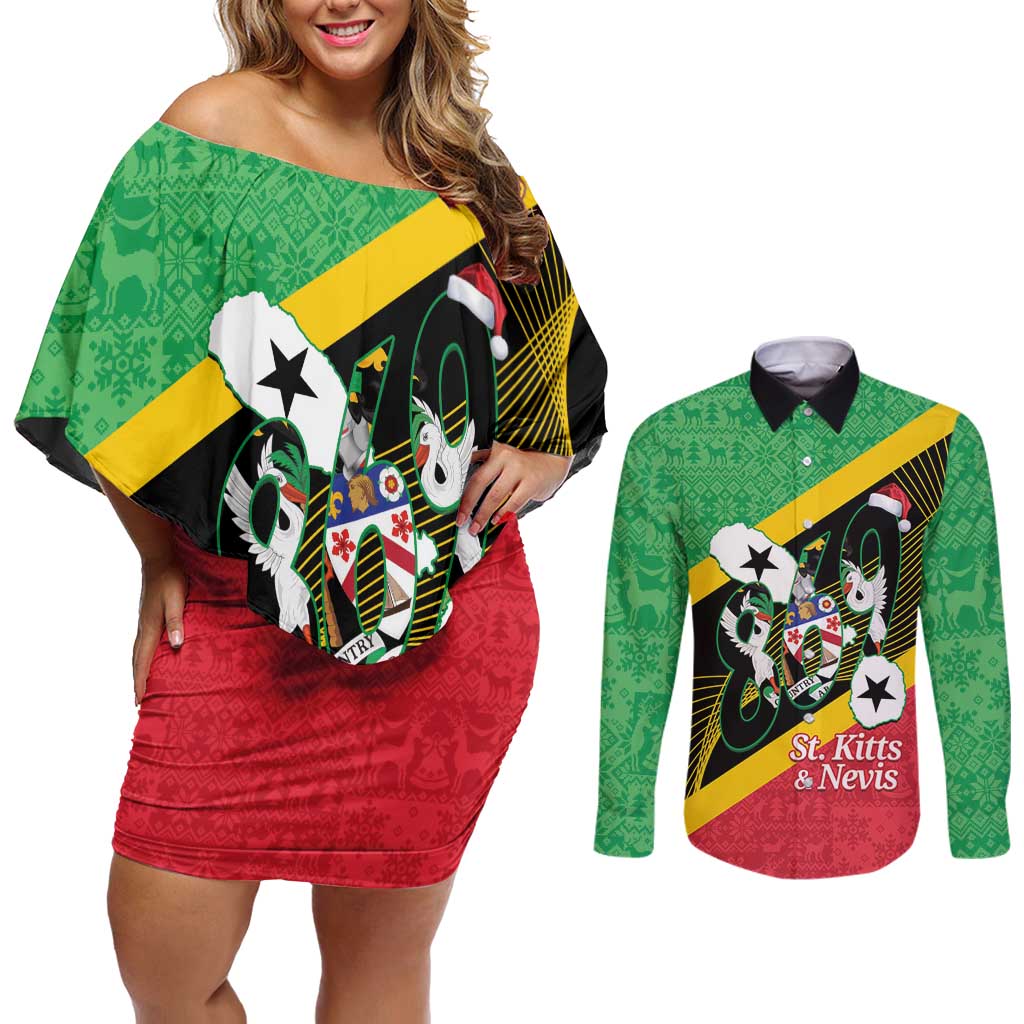 St Kitts and Nevis Christmas Couples Matching Off Shoulder Short Dress and Long Sleeve Button Shirt 869 Proud With Map - Wonder Print Shop