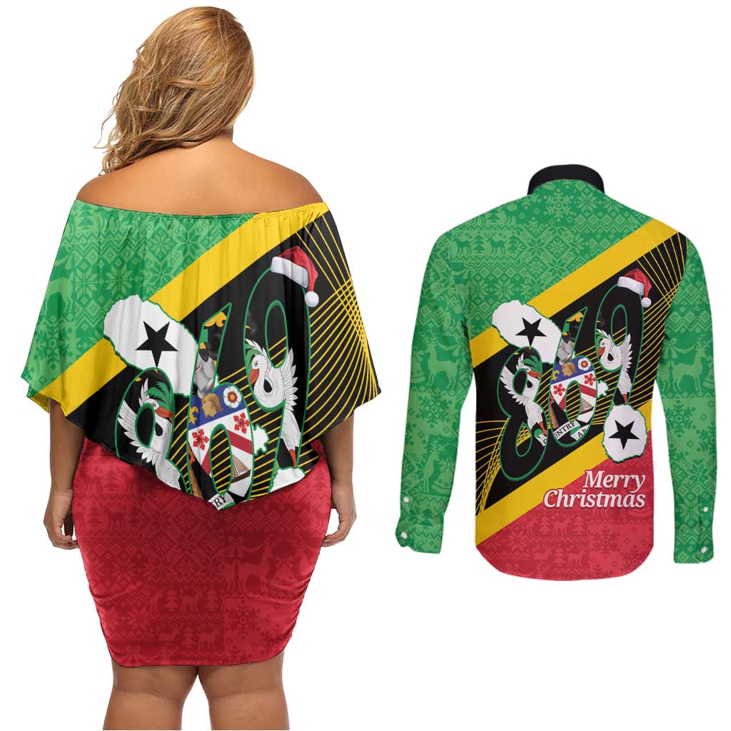 St Kitts and Nevis Christmas Couples Matching Off Shoulder Short Dress and Long Sleeve Button Shirt 869 Proud With Map - Wonder Print Shop