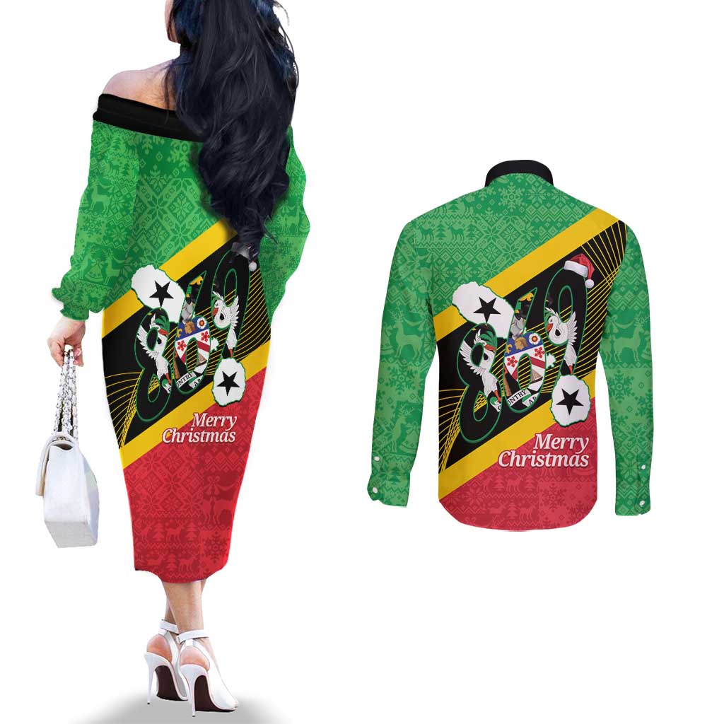 St Kitts and Nevis Christmas Couples Matching Off The Shoulder Long Sleeve Dress and Long Sleeve Button Shirt 869 Proud With Map - Wonder Print Shop