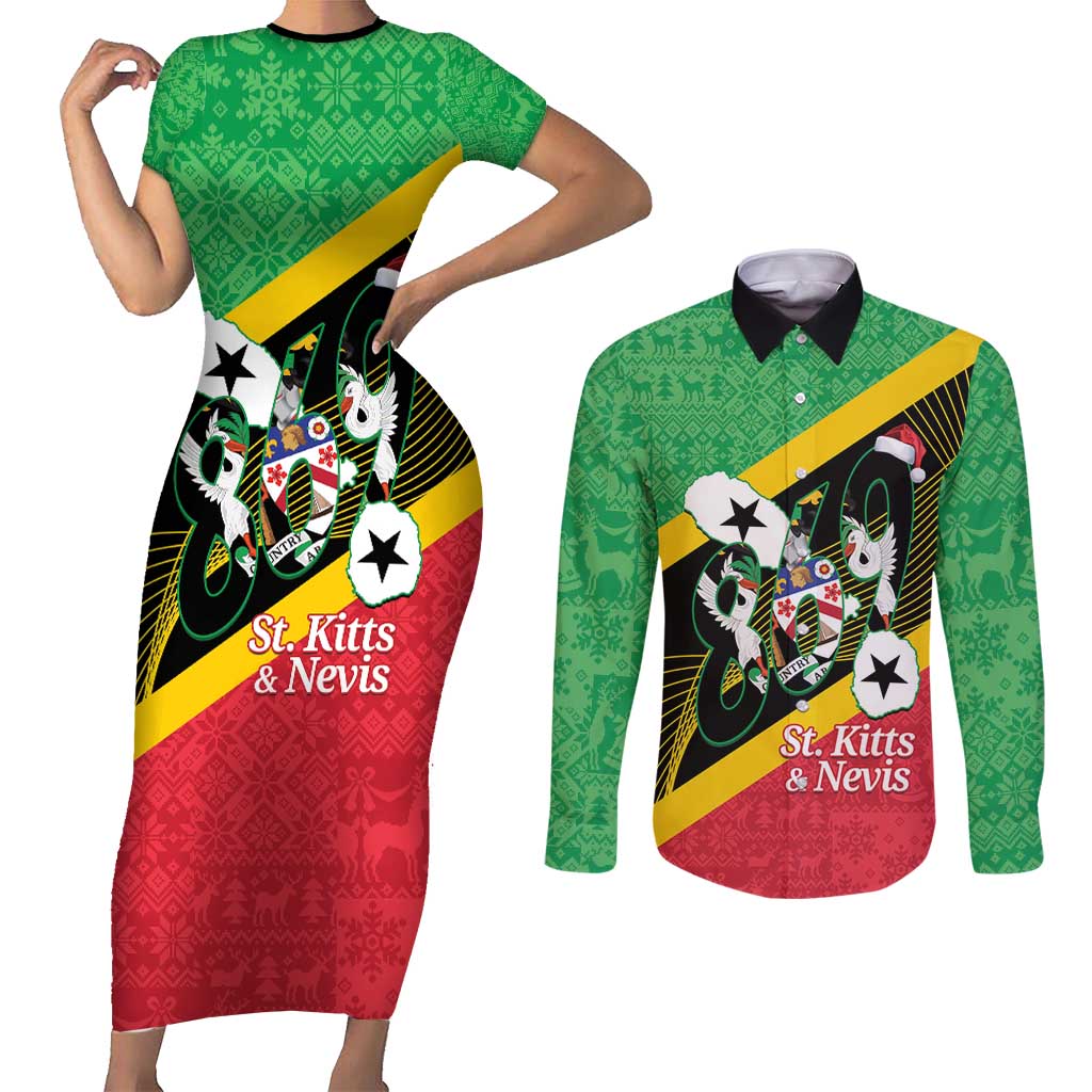 St Kitts and Nevis Christmas Couples Matching Short Sleeve Bodycon Dress and Long Sleeve Button Shirt 869 Proud With Map - Wonder Print Shop