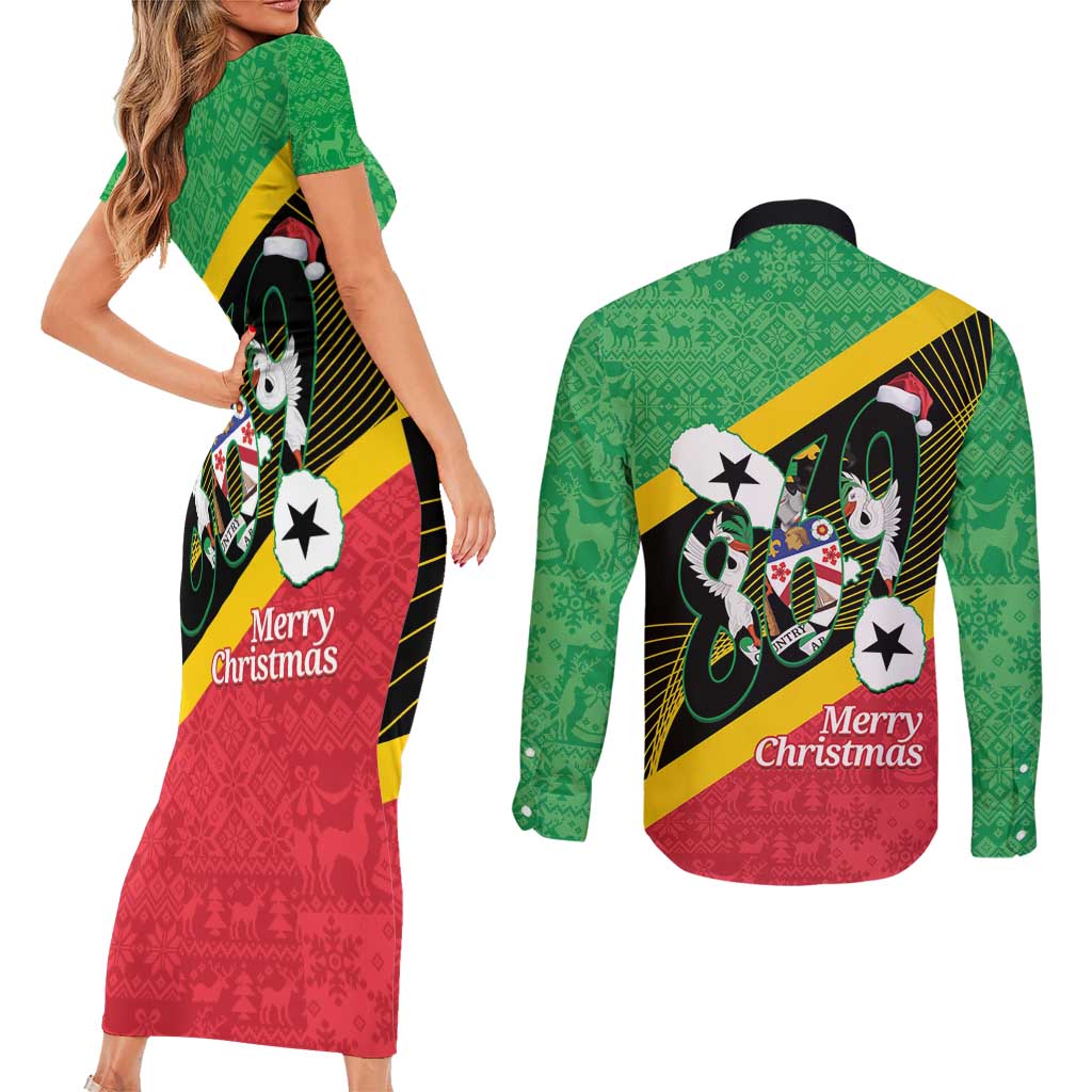 St Kitts and Nevis Christmas Couples Matching Short Sleeve Bodycon Dress and Long Sleeve Button Shirt 869 Proud With Map - Wonder Print Shop