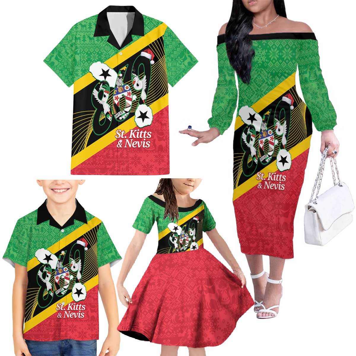 St Kitts and Nevis Christmas Family Matching Off The Shoulder Long Sleeve Dress and Hawaiian Shirt 869 Proud With Map - Wonder Print Shop