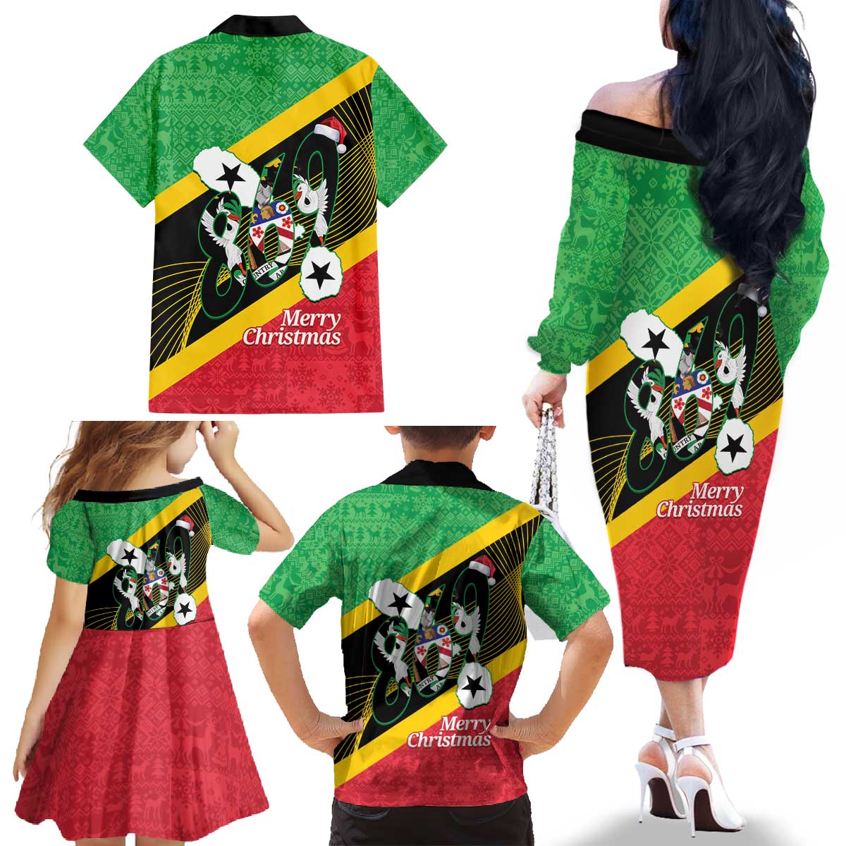 St Kitts and Nevis Christmas Family Matching Off The Shoulder Long Sleeve Dress and Hawaiian Shirt 869 Proud With Map - Wonder Print Shop