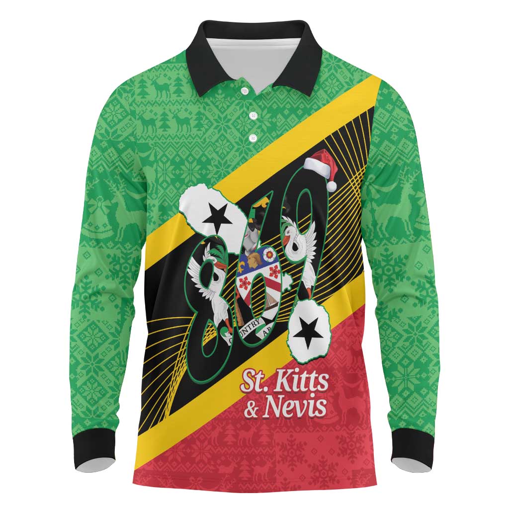 St Kitts and Nevis Christmas Long Sleeve Polo Shirt 869 Proud With Map - Wonder Print Shop