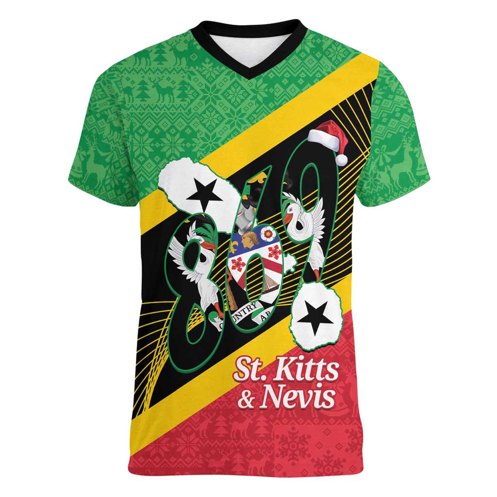 St Kitts and Nevis Christmas Women V-Neck T-Shirt 869 Proud With Map - Wonder Print Shop