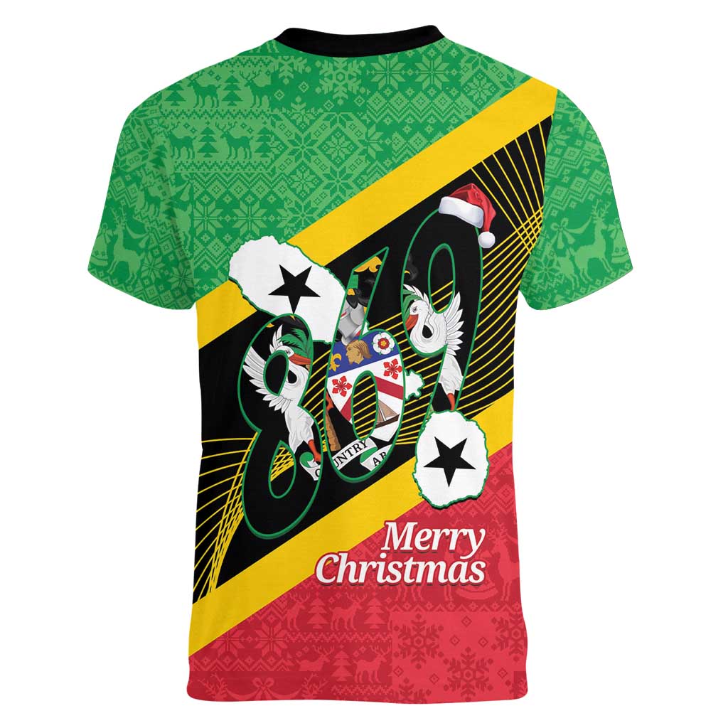 St Kitts and Nevis Christmas Women V-Neck T-Shirt 869 Proud With Map - Wonder Print Shop