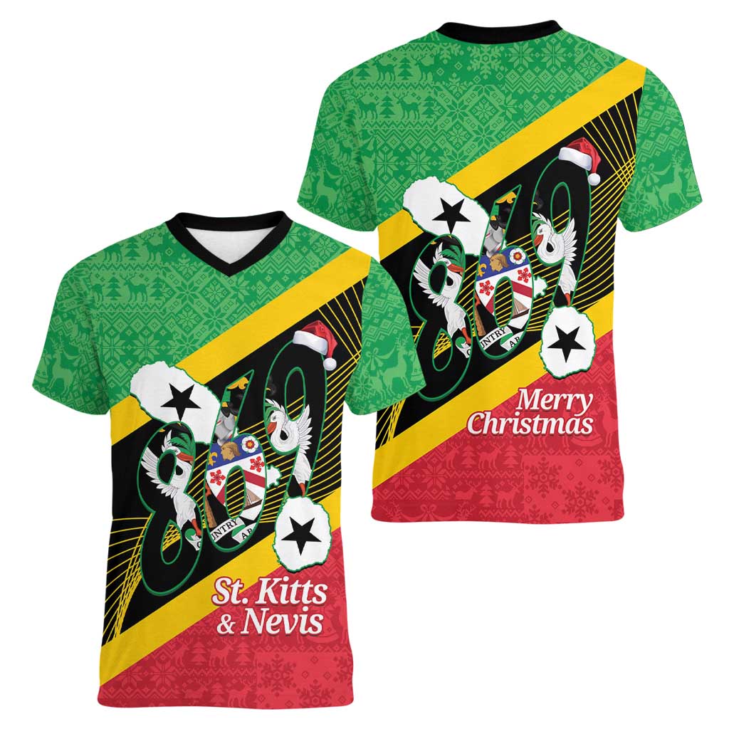 St Kitts and Nevis Christmas Women V-Neck T-Shirt 869 Proud With Map - Wonder Print Shop