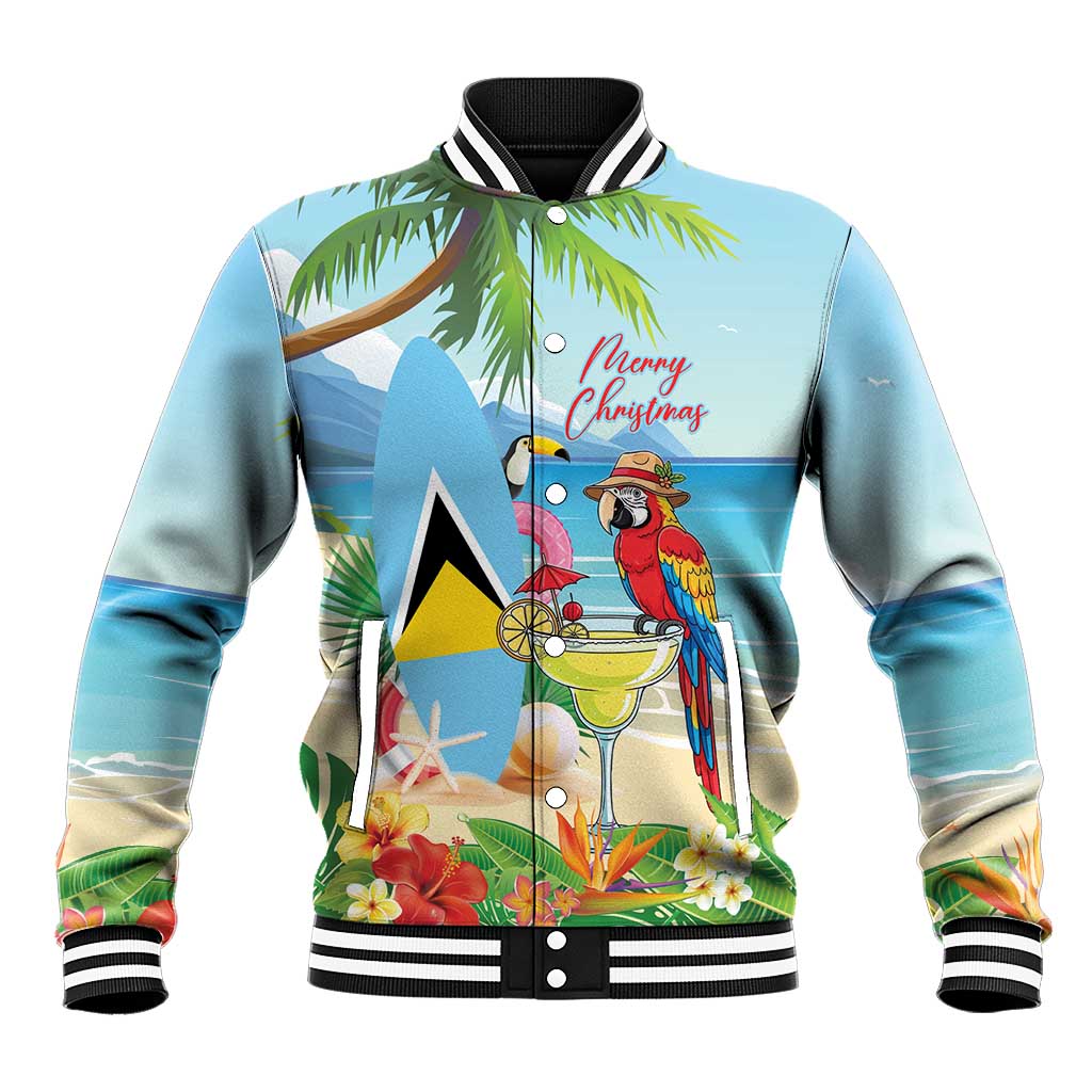 Personalized Saint Lucia Christmas Baseball Jacket Chill Macaw Parrot Caribbean Tropical Style - Wonder Print Shop