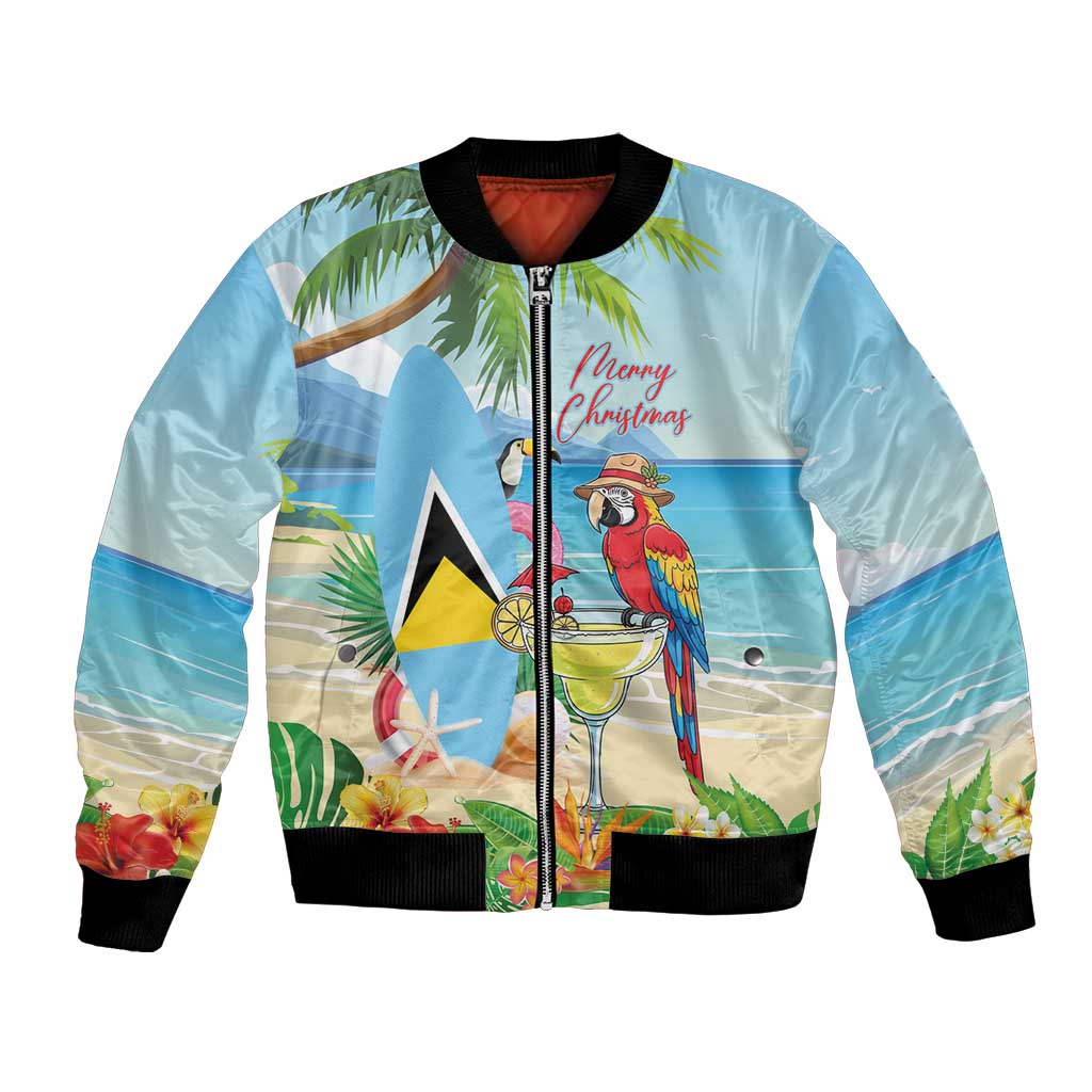 Personalized Saint Lucia Christmas Bomber Jacket Chill Macaw Parrot Caribbean Tropical Style - Wonder Print Shop