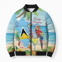 Personalized Saint Lucia Christmas Bomber Puffer Jacket Chill Macaw Parrot Caribbean Tropical Style - Wonder Print Shop