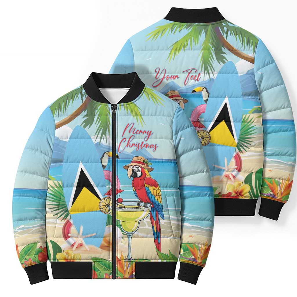 Personalized Saint Lucia Christmas Bomber Puffer Jacket Chill Macaw Parrot Caribbean Tropical Style - Wonder Print Shop
