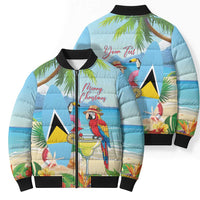 Personalized Saint Lucia Christmas Bomber Puffer Jacket Chill Macaw Parrot Caribbean Tropical Style - Wonder Print Shop