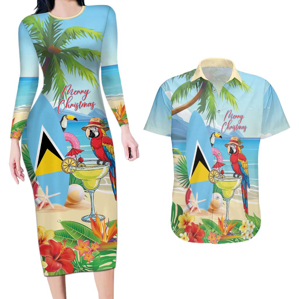 Personalized Saint Lucia Christmas Couples Matching Long Sleeve Bodycon Dress and Hawaiian Shirt Chill Macaw Parrot Caribbean Tropical Style - Wonder Print Shop