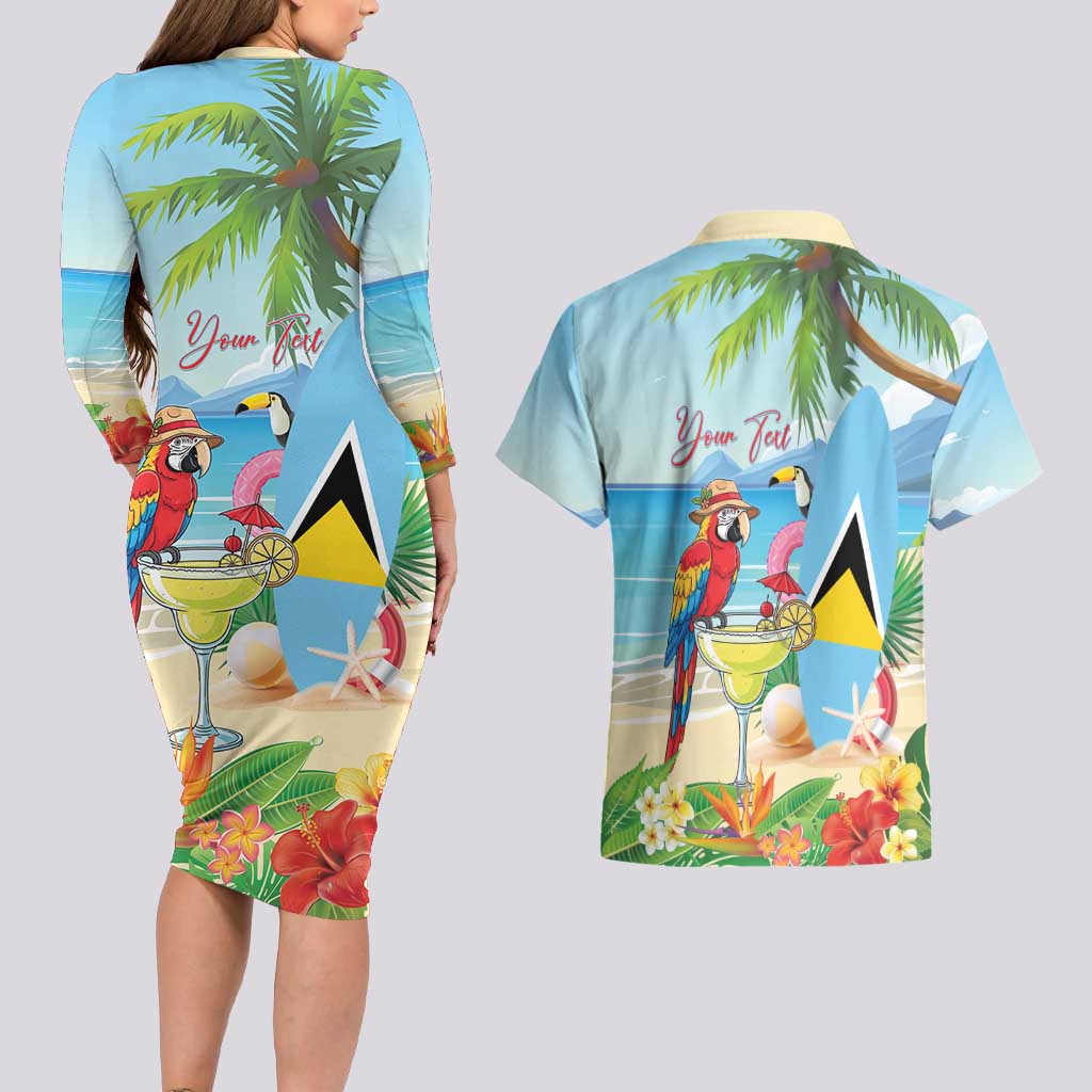 Personalized Saint Lucia Christmas Couples Matching Long Sleeve Bodycon Dress and Hawaiian Shirt Chill Macaw Parrot Caribbean Tropical Style - Wonder Print Shop