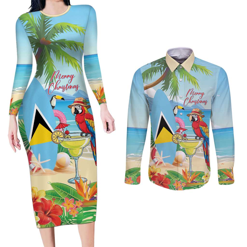 Personalized Saint Lucia Christmas Couples Matching Long Sleeve Bodycon Dress and Long Sleeve Button Shirt Chill Macaw Parrot Caribbean Tropical Style - Wonder Print Shop