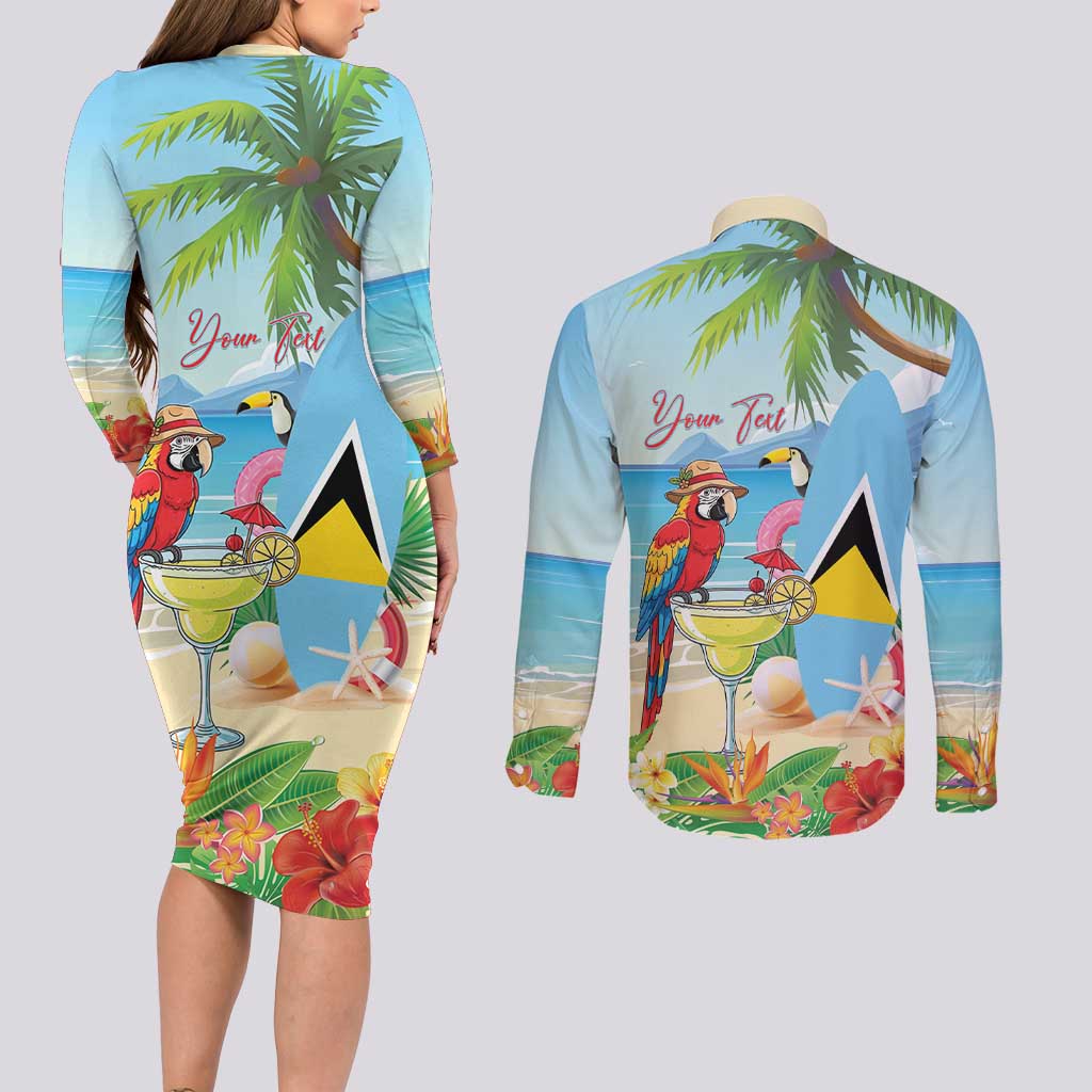 Personalized Saint Lucia Christmas Couples Matching Long Sleeve Bodycon Dress and Long Sleeve Button Shirt Chill Macaw Parrot Caribbean Tropical Style - Wonder Print Shop