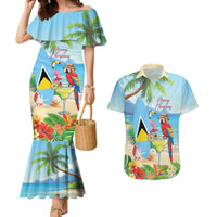 Personalized Saint Lucia Christmas Couples Matching Mermaid Dress and Hawaiian Shirt Chill Macaw Parrot Caribbean Tropical Style - Wonder Print Shop