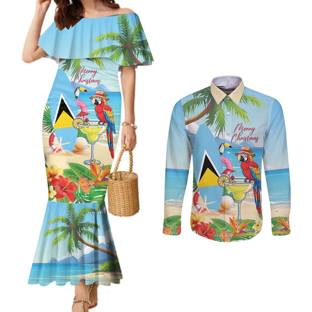 Personalized Saint Lucia Christmas Couples Matching Mermaid Dress and Long Sleeve Button Shirt Chill Macaw Parrot Caribbean Tropical Style - Wonder Print Shop