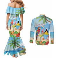 Personalized Saint Lucia Christmas Couples Matching Mermaid Dress and Long Sleeve Button Shirt Chill Macaw Parrot Caribbean Tropical Style - Wonder Print Shop