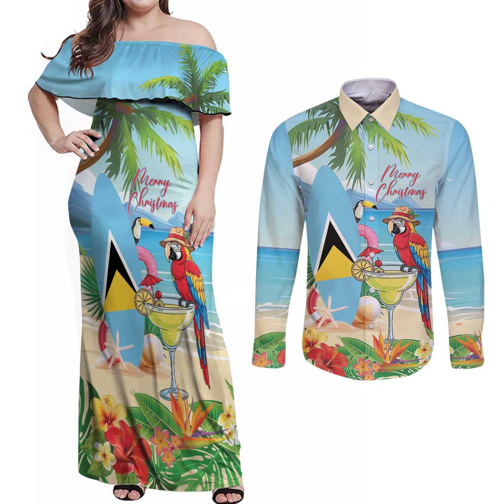 Personalized Saint Lucia Christmas Couples Matching Off Shoulder Maxi Dress and Long Sleeve Button Shirt Chill Macaw Parrot Caribbean Tropical Style - Wonder Print Shop