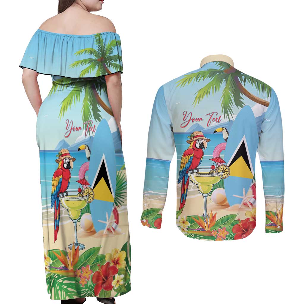 Personalized Saint Lucia Christmas Couples Matching Off Shoulder Maxi Dress and Long Sleeve Button Shirt Chill Macaw Parrot Caribbean Tropical Style - Wonder Print Shop