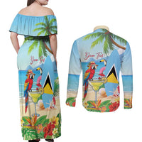 Personalized Saint Lucia Christmas Couples Matching Off Shoulder Maxi Dress and Long Sleeve Button Shirt Chill Macaw Parrot Caribbean Tropical Style - Wonder Print Shop
