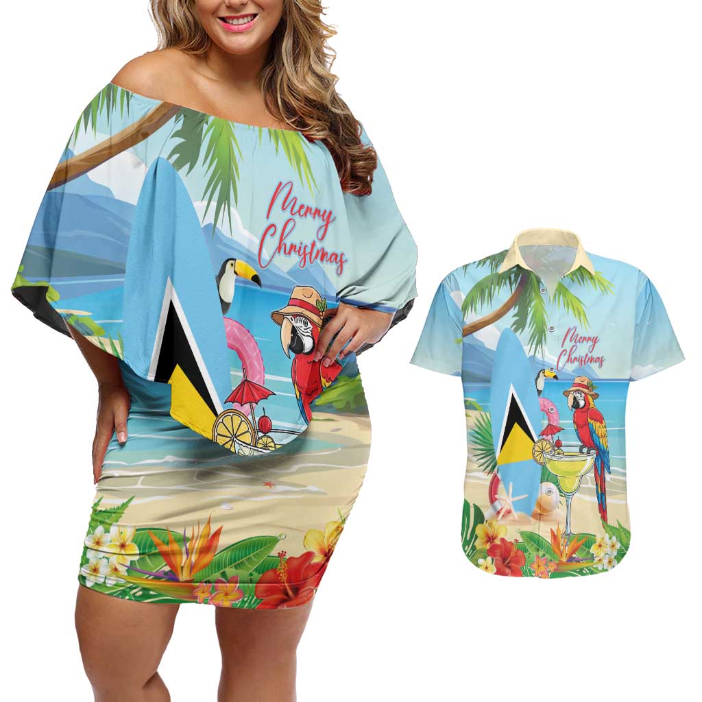 Personalized Saint Lucia Christmas Couples Matching Off Shoulder Short Dress and Hawaiian Shirt Chill Macaw Parrot Caribbean Tropical Style - Wonder Print Shop