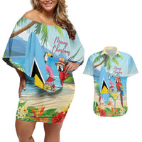 Personalized Saint Lucia Christmas Couples Matching Off Shoulder Short Dress and Hawaiian Shirt Chill Macaw Parrot Caribbean Tropical Style - Wonder Print Shop