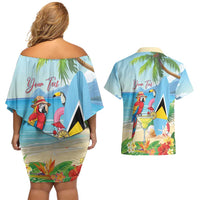 Personalized Saint Lucia Christmas Couples Matching Off Shoulder Short Dress and Hawaiian Shirt Chill Macaw Parrot Caribbean Tropical Style - Wonder Print Shop