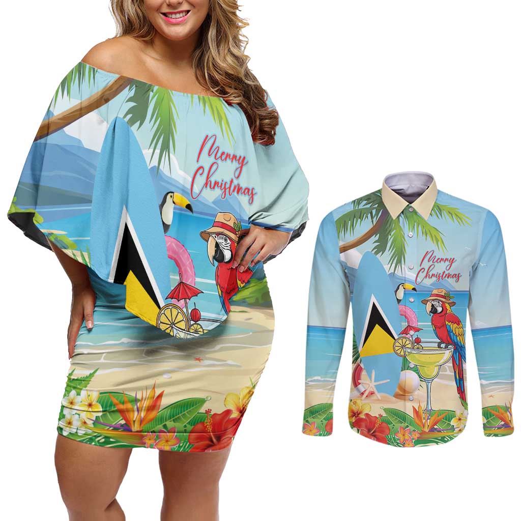 Personalized Saint Lucia Christmas Couples Matching Off Shoulder Short Dress and Long Sleeve Button Shirt Chill Macaw Parrot Caribbean Tropical Style - Wonder Print Shop