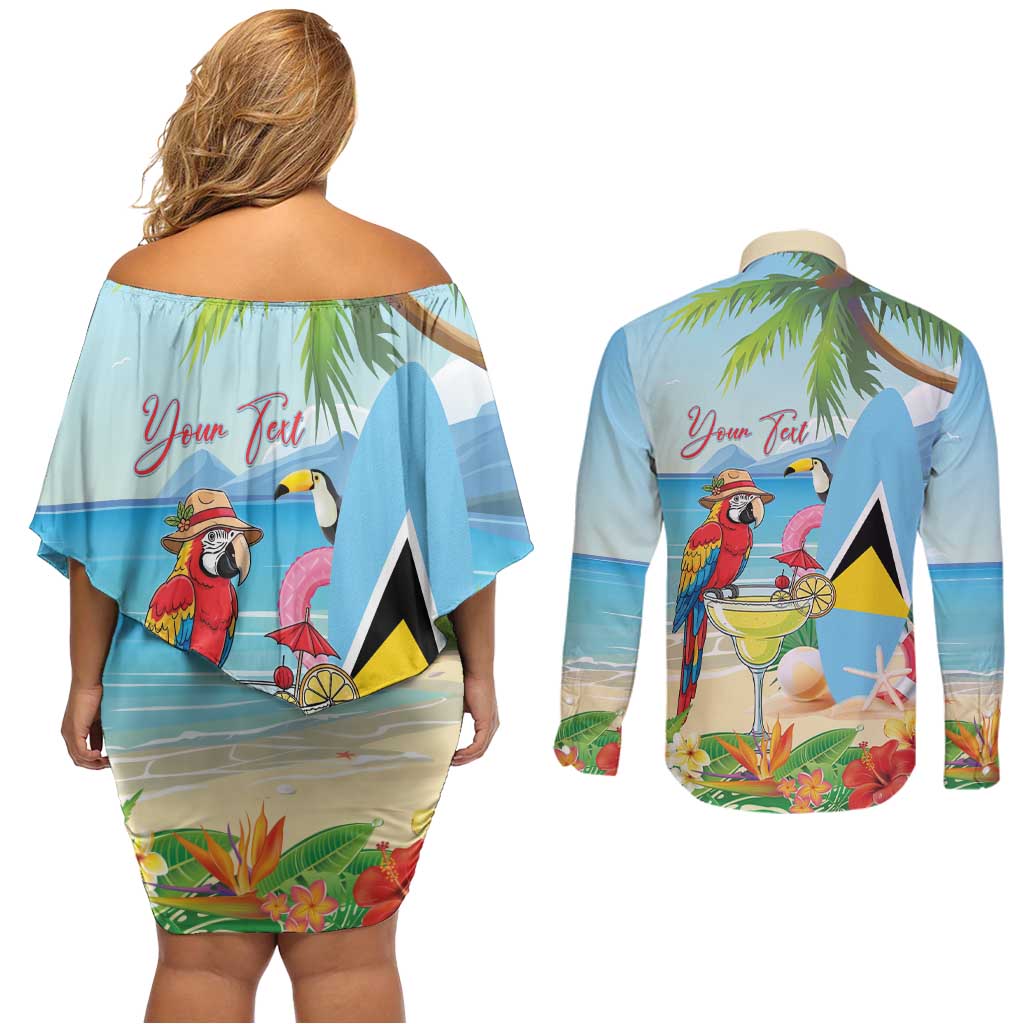 Personalized Saint Lucia Christmas Couples Matching Off Shoulder Short Dress and Long Sleeve Button Shirt Chill Macaw Parrot Caribbean Tropical Style - Wonder Print Shop