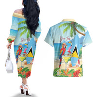 Personalized Saint Lucia Christmas Couples Matching Off The Shoulder Long Sleeve Dress and Hawaiian Shirt Chill Macaw Parrot Caribbean Tropical Style - Wonder Print Shop