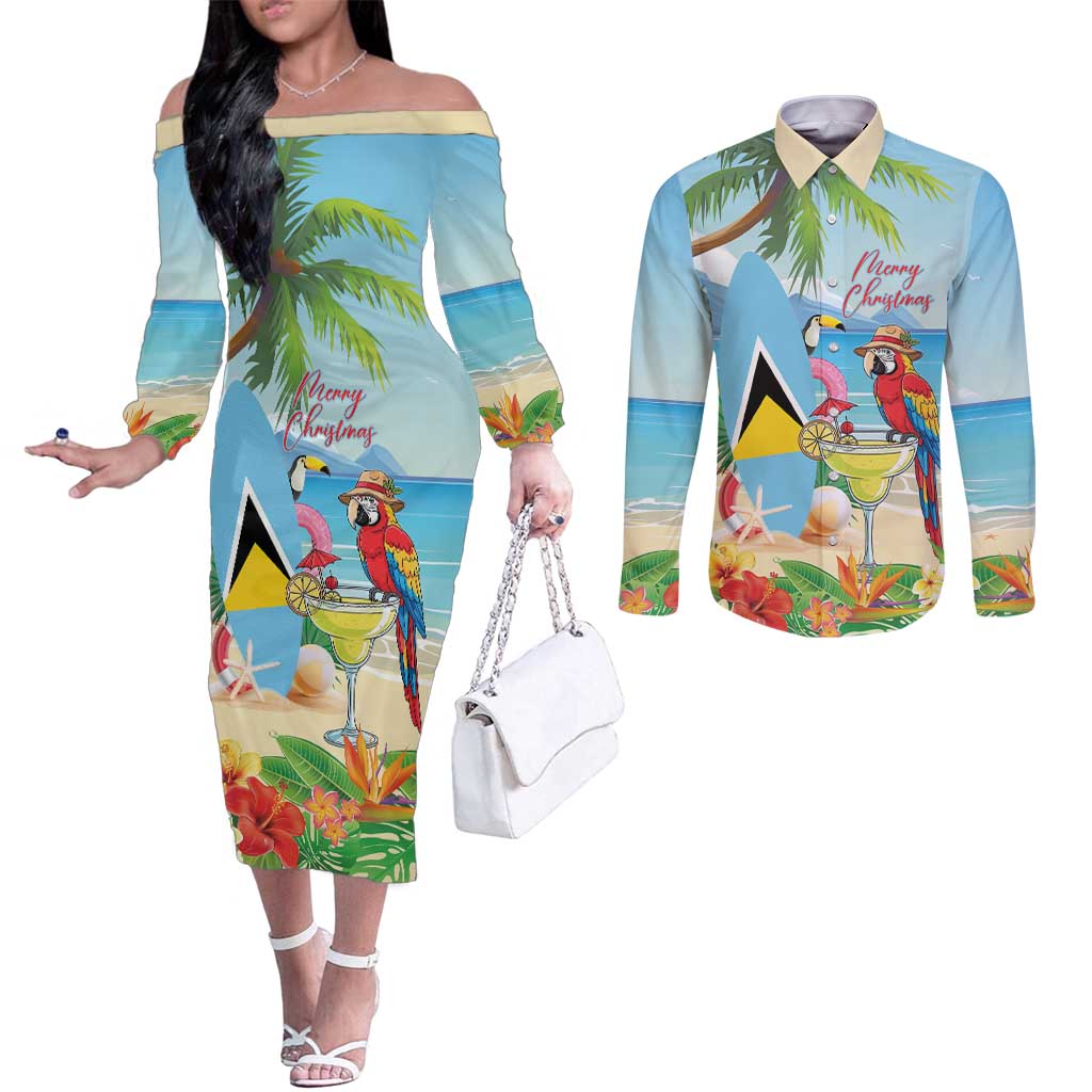 Personalized Saint Lucia Christmas Couples Matching Off The Shoulder Long Sleeve Dress and Long Sleeve Button Shirt Chill Macaw Parrot Caribbean Tropical Style - Wonder Print Shop