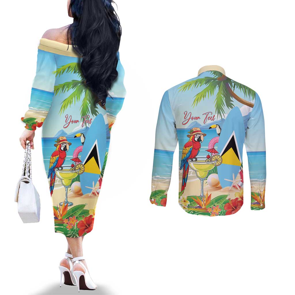 Personalized Saint Lucia Christmas Couples Matching Off The Shoulder Long Sleeve Dress and Long Sleeve Button Shirt Chill Macaw Parrot Caribbean Tropical Style - Wonder Print Shop