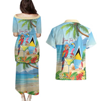 Personalized Saint Lucia Christmas Couples Matching Puletasi and Hawaiian Shirt Chill Macaw Parrot Caribbean Tropical Style - Wonder Print Shop