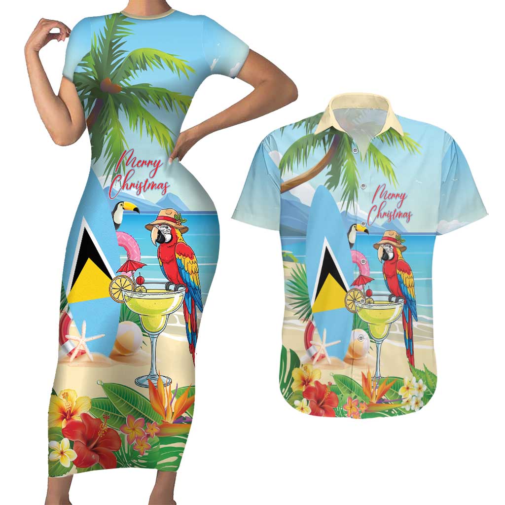 Personalized Saint Lucia Christmas Couples Matching Short Sleeve Bodycon Dress and Hawaiian Shirt Chill Macaw Parrot Caribbean Tropical Style - Wonder Print Shop