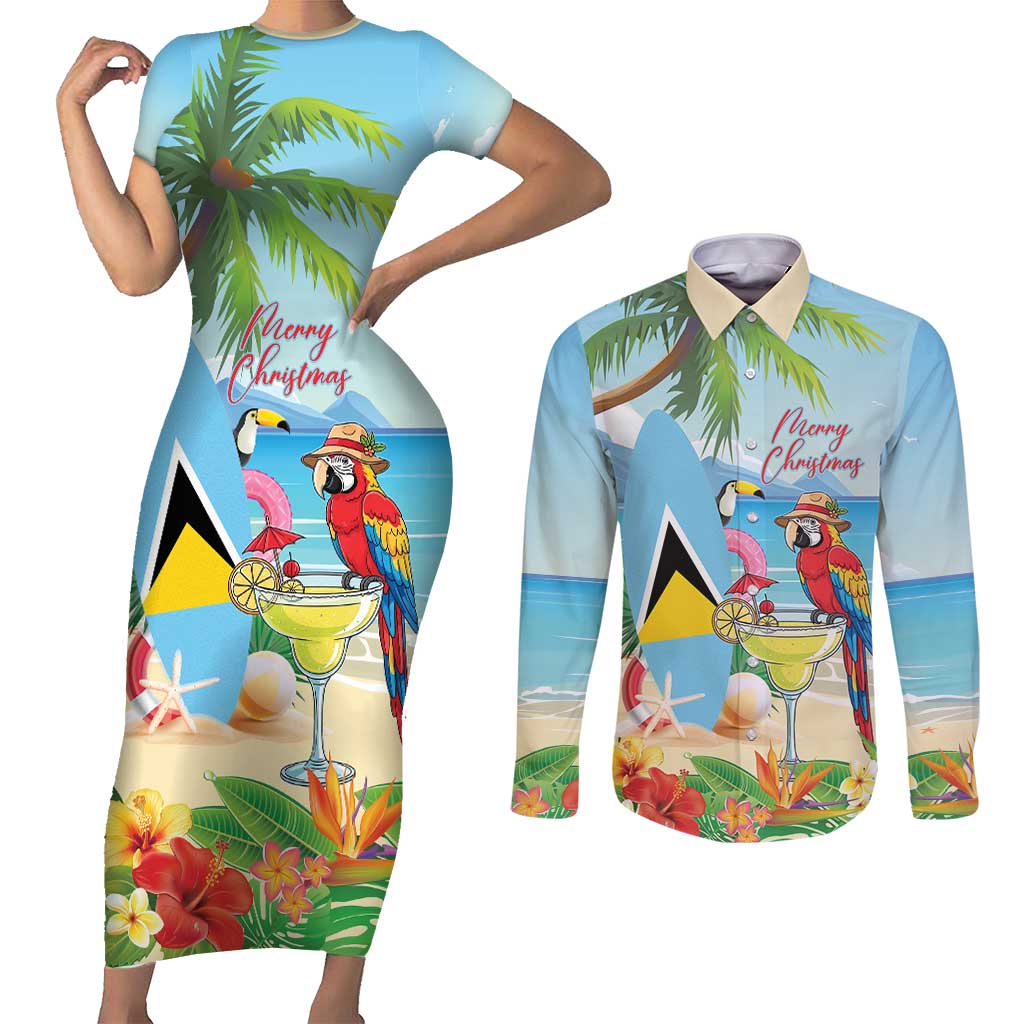 Personalized Saint Lucia Christmas Couples Matching Short Sleeve Bodycon Dress and Long Sleeve Button Shirt Chill Macaw Parrot Caribbean Tropical Style - Wonder Print Shop