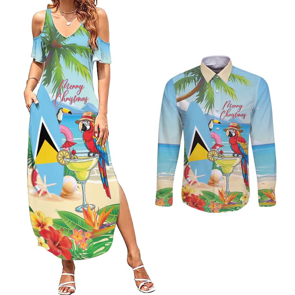Personalized Saint Lucia Christmas Couples Matching Summer Maxi Dress and Long Sleeve Button Shirt Chill Macaw Parrot Caribbean Tropical Style - Wonder Print Shop