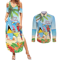 Personalized Saint Lucia Christmas Couples Matching Summer Maxi Dress and Long Sleeve Button Shirt Chill Macaw Parrot Caribbean Tropical Style - Wonder Print Shop