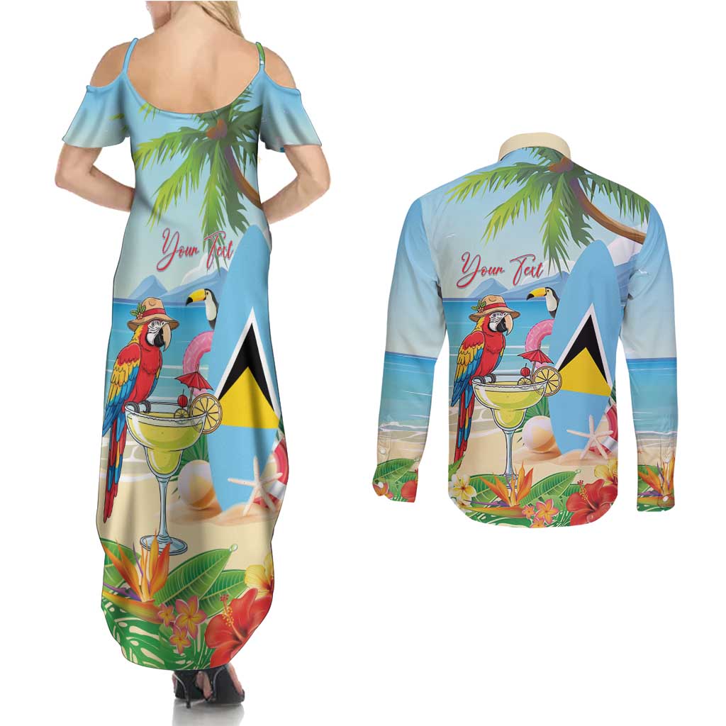 Personalized Saint Lucia Christmas Couples Matching Summer Maxi Dress and Long Sleeve Button Shirt Chill Macaw Parrot Caribbean Tropical Style - Wonder Print Shop