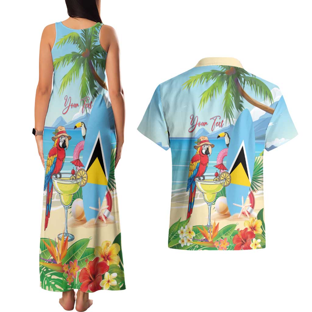 Personalized Saint Lucia Christmas Couples Matching Tank Maxi Dress and Hawaiian Shirt Chill Macaw Parrot Caribbean Tropical Style - Wonder Print Shop