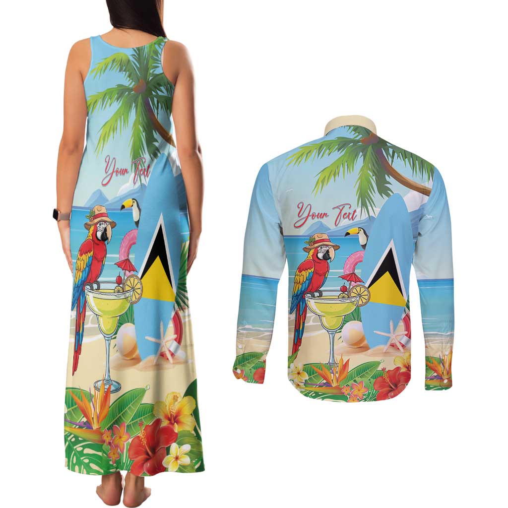 Personalized Saint Lucia Christmas Couples Matching Tank Maxi Dress and Long Sleeve Button Shirt Chill Macaw Parrot Caribbean Tropical Style - Wonder Print Shop