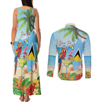 Personalized Saint Lucia Christmas Couples Matching Tank Maxi Dress and Long Sleeve Button Shirt Chill Macaw Parrot Caribbean Tropical Style - Wonder Print Shop
