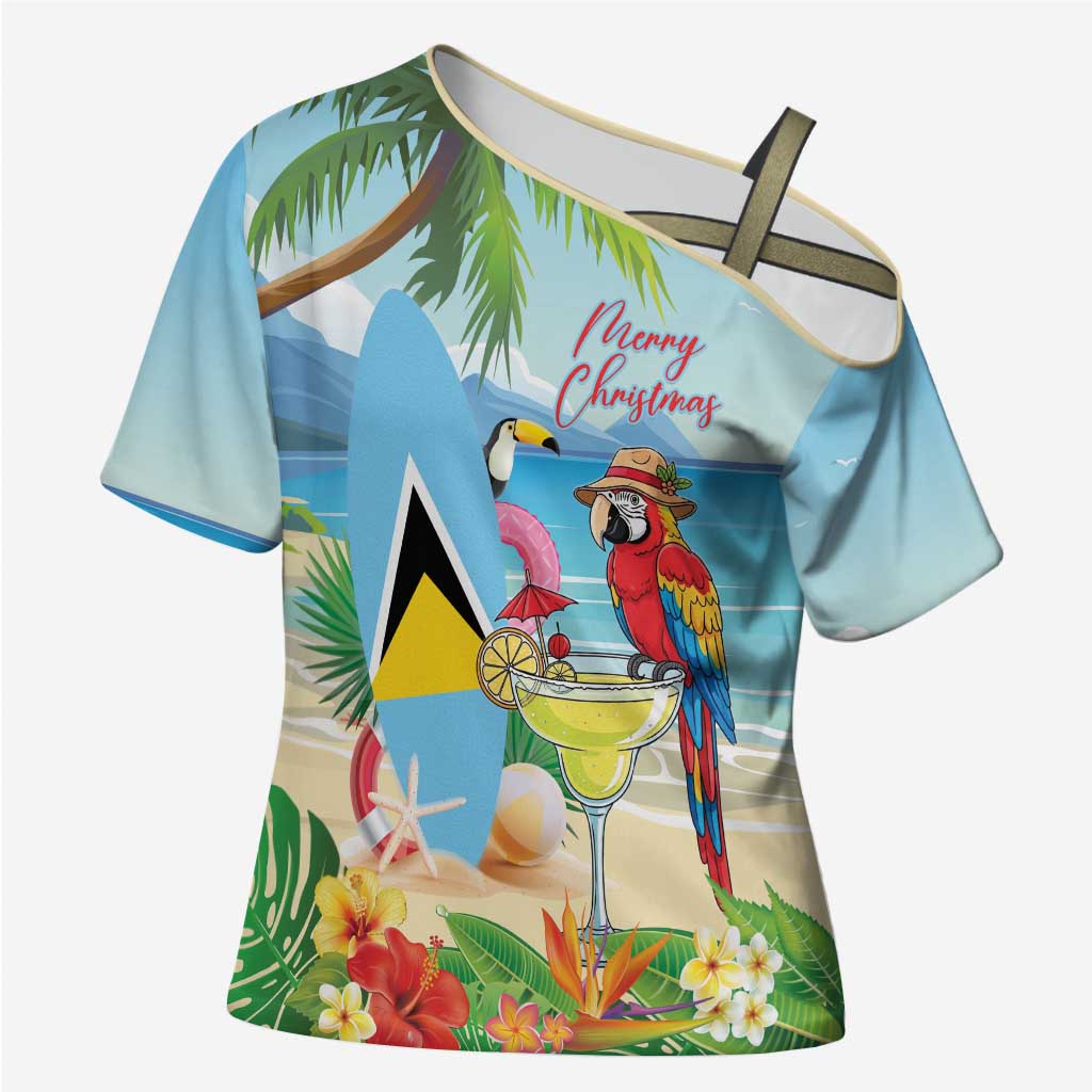 Personalized Saint Lucia Christmas Cross Shoulder Shirt Chill Macaw Parrot Caribbean Tropical Style - Wonder Print Shop