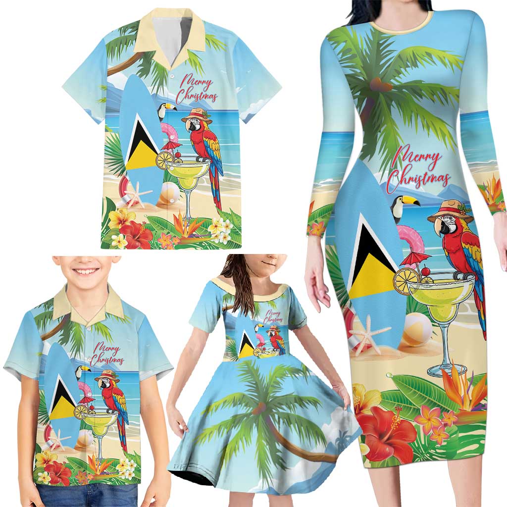 Personalized Saint Lucia Christmas Family Matching Long Sleeve Bodycon Dress and Hawaiian Shirt Chill Macaw Parrot Caribbean Tropical Style - Wonder Print Shop
