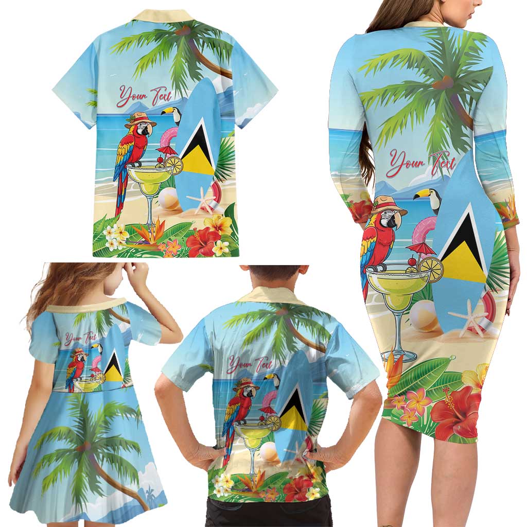 Personalized Saint Lucia Christmas Family Matching Long Sleeve Bodycon Dress and Hawaiian Shirt Chill Macaw Parrot Caribbean Tropical Style - Wonder Print Shop
